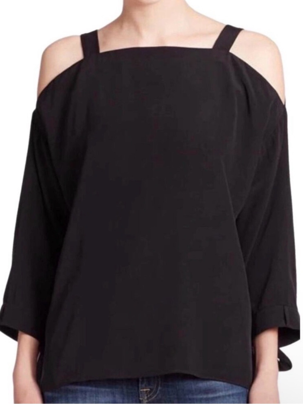 Tibi Black Silk Cold Shoulder Top Size Small 3/4 Sleeve Designer Blouse